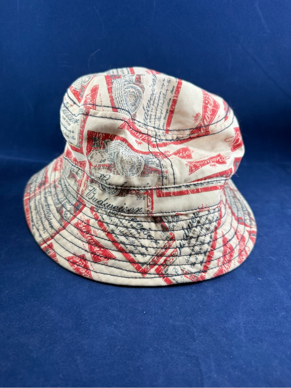 Vintage Budweiser Red & Cream Allover Print Bucket Fishing Hat Medium Ish
